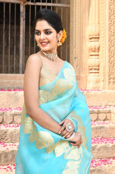 Turquoise Pure Kora Organza Banarasi Handloom Silk Saree